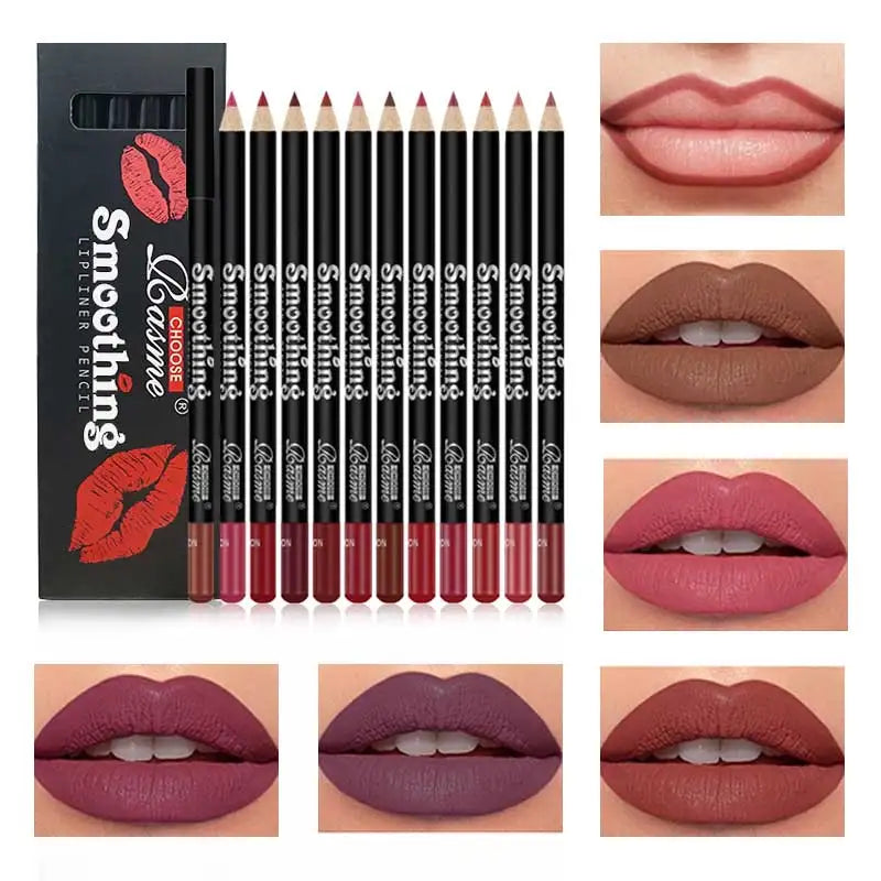 12pcs Lip Liner Pen 12 Colors Professional Lip Liner Pencil and Matte Lip Non-stick Cup Nude Lipstick Pencil SET