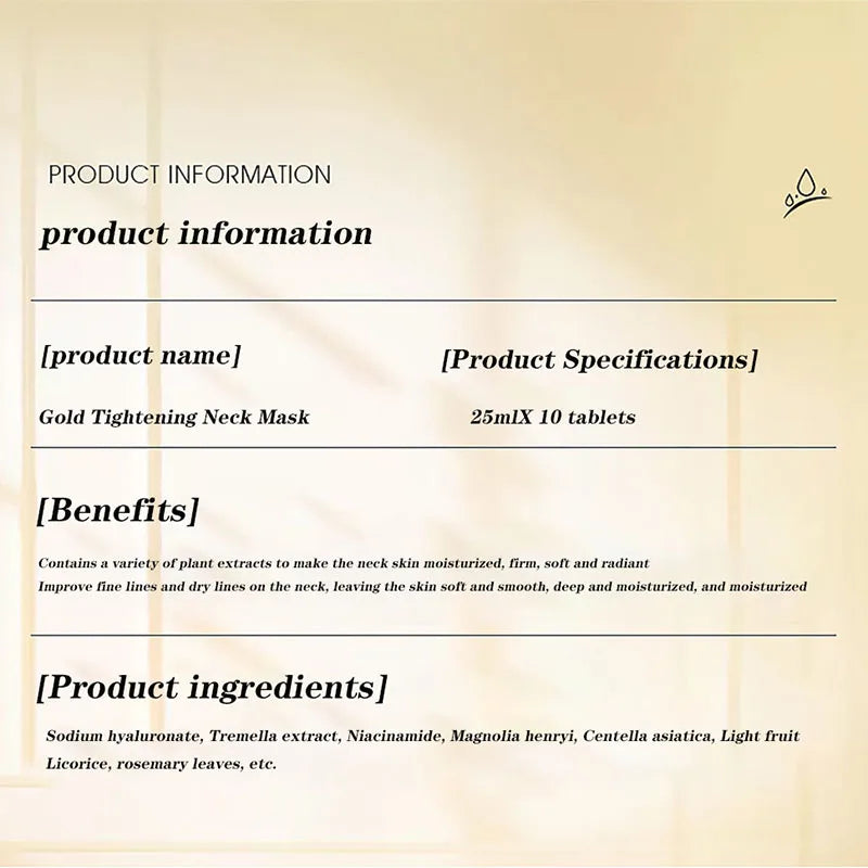 10pcs Gold Firming Neck Mask Moisturizing Nourishing Brightening Hydrating Neck skincare Masks Beauty Necks Skin Care Products