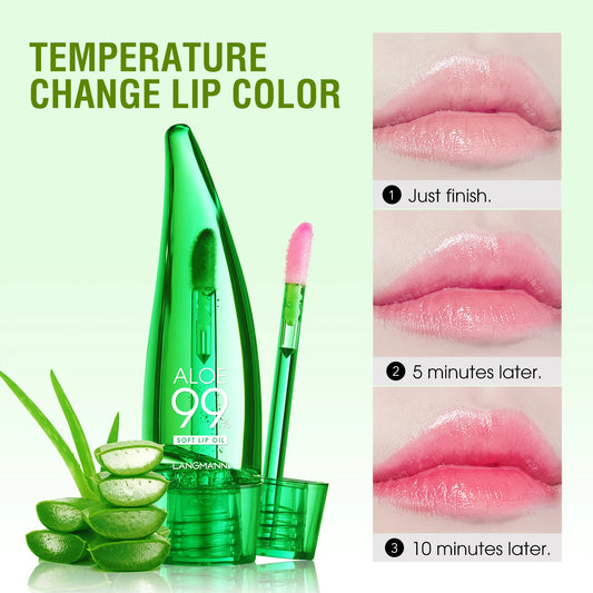 langmannni Aloe Vera Moisturizing Lip Gloss Warm Feeling Color Changing Lip Glaze Long Lasting Moisture Lip Oil