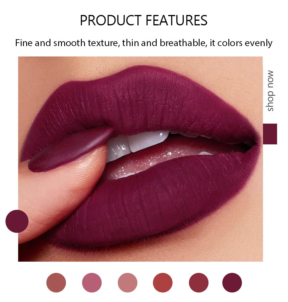 6-Color Matte Lipstick, Non-Fading, Non-Stick Cup Long-Lasting Velvet Finish, Smooth Matte Lip Color Waterproof Smudge-proof